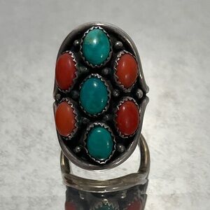 Native american mediterranean coral and turquoise ring signed HC